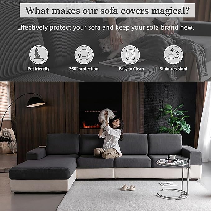 Sectional Couch Covers, Wear Resistant Stretch Sofa Covers Washable Soft Couch Cushion Covers Anti Slip Furniture Protector Sofa Slipcovers for Pets (1 Piece Loveseat Cover, Dark Gray)