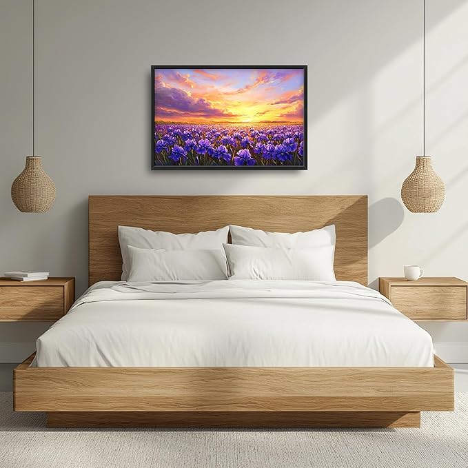 Iris Field Sunset Large Wall Art Purple Flower Framed Wall Decor for Living Room Iris Pictures Oversized Canvas Print Painting Modern Extra Large Framed Artwork for Bedroom Office 36"x24"