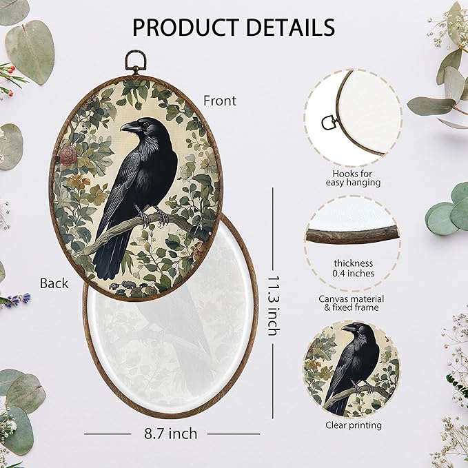 KFXHANGD Gothic Black Raven Crow Oval Wall Art Framed, Vintage Dark Academia Rustic Raven Botanical Canvas Wall Art Decor, Moody Crow Hanging Decor for Bedroom Living Room, 8.7x11.3 In