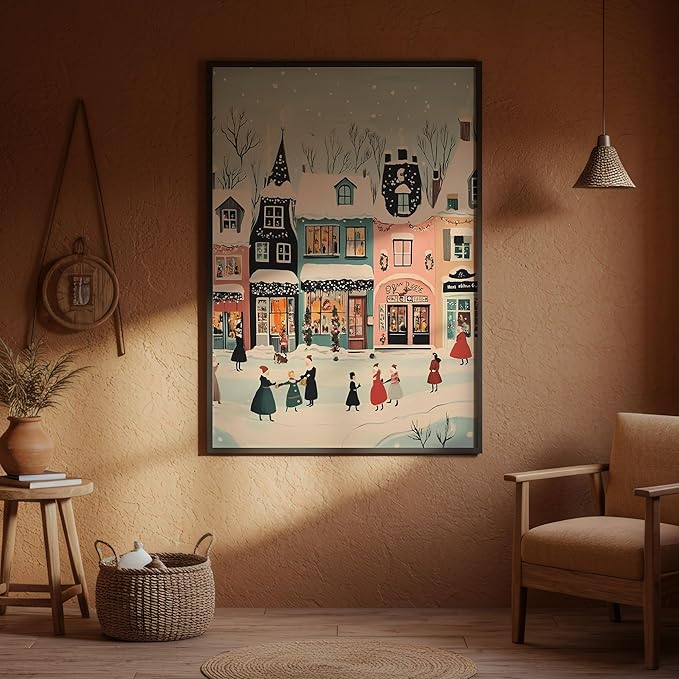 OZCONO Christmas Village Wall Art for Cozy Holiday Decor, Snowy Town Scene for Seasonal Home, Winter Village Artwork, Hello December Print, Xmas Design (Unframed) (9x11)