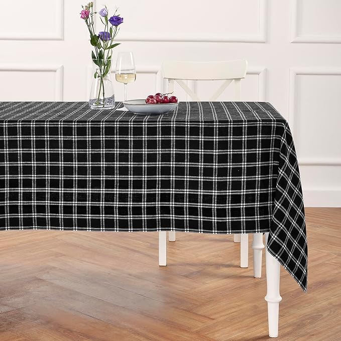 Solino Home Linen Plaid Tablecloth 60 x 108 Inch - 100% Pure Linen Marseille Plaid Black Table Cloth for Rectangle Tables - Machine Washable Tablecloth for Fall, Winter, Thanksgiving, Christmas