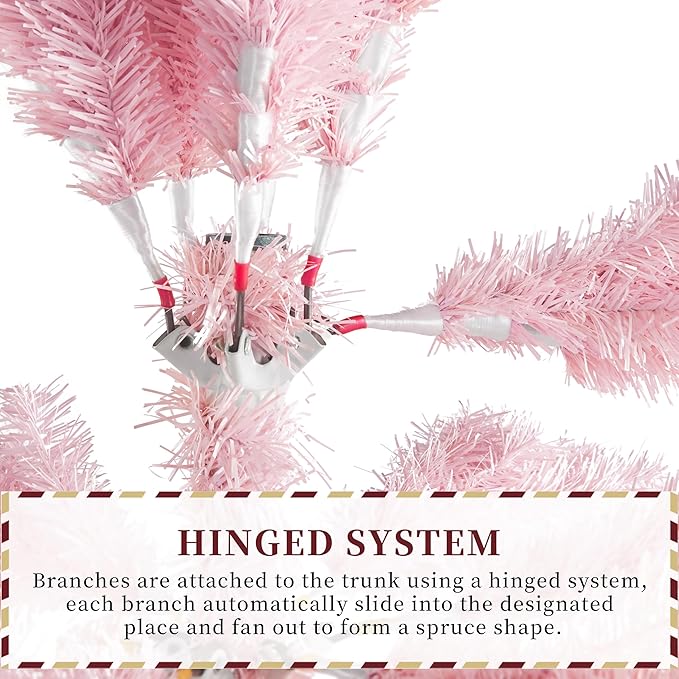 Yaheetech 7.5ft Pre-lit Artificial Hinged Christmas Tree Prelighted Full Holiday Xmas Tree for Home Party Decoration with 550 Warm White Lights & 1354 Branch Tips, Foldable Metal Stand, Pink