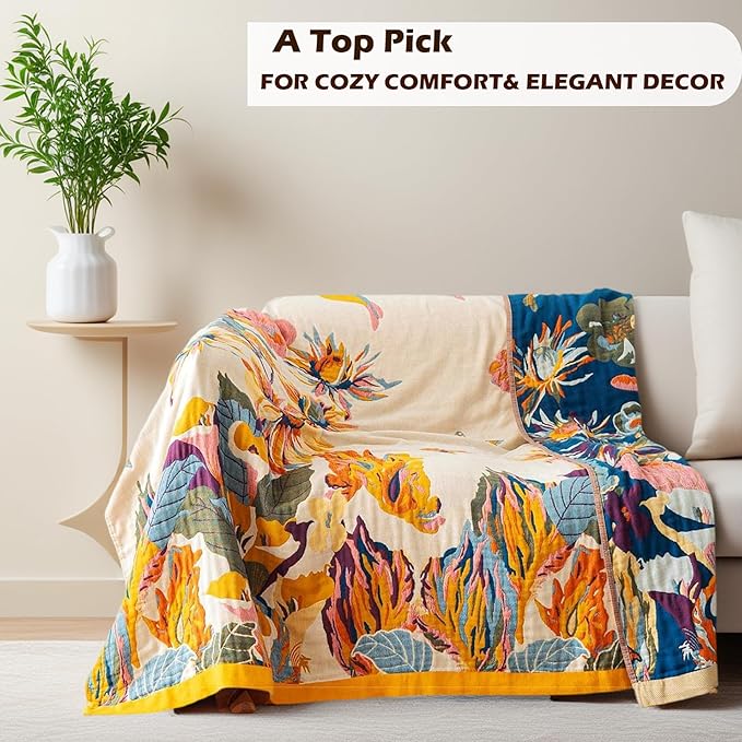 Boho Throw Blanket 60" x 80", 100% Organic Cotton Skin-Friendly Lightweight Ultra Soft Bed Quilt Throw - Fall Floral Butterfly Farmhouse Decor Blanket for Sofa Couch Chair and Gift.
