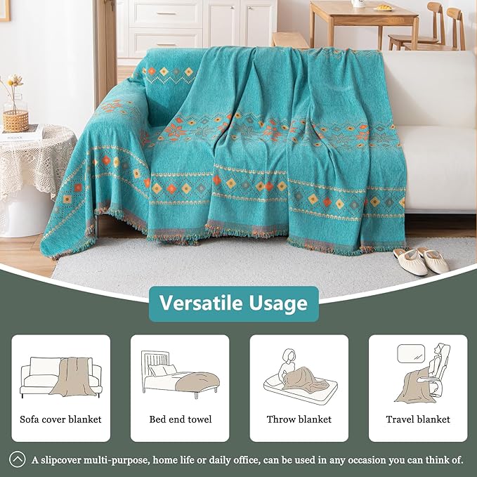 DREAMINGO Teal Boho Couch Cover Jacquard Chenille Sofa Covers Washable 3 Seater Sofa Protector for Pets Kids Modern Bohemain Sectional Couch Slipcovers for Living Room, 71"x134"