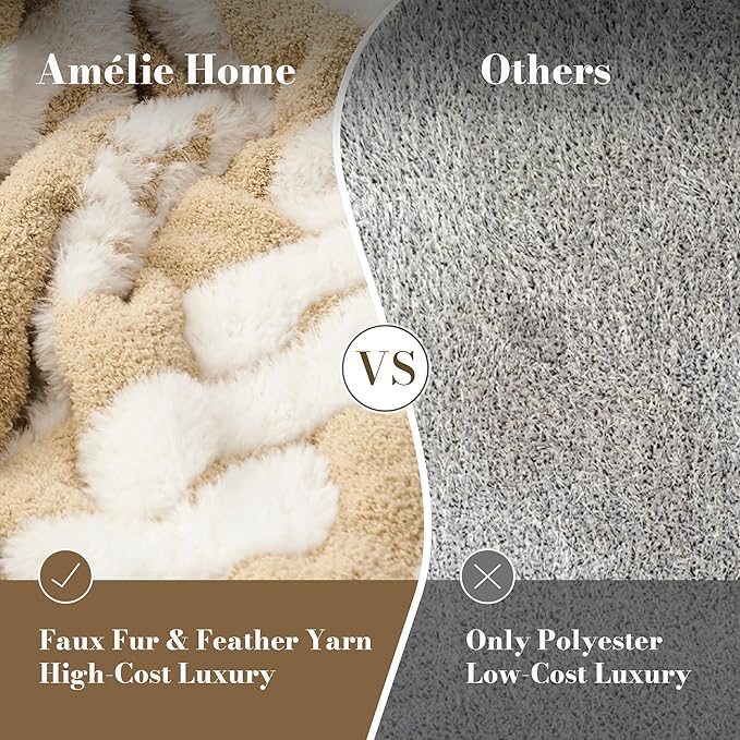 Amélie Home Cable Knit Throw Blanket for Couch, Bicolour Super Soft Fuzzy Blanket for Sofa, Luxury Cozy Fluffy Throw for Room Decor, 50" x 60", Cable Beige & White