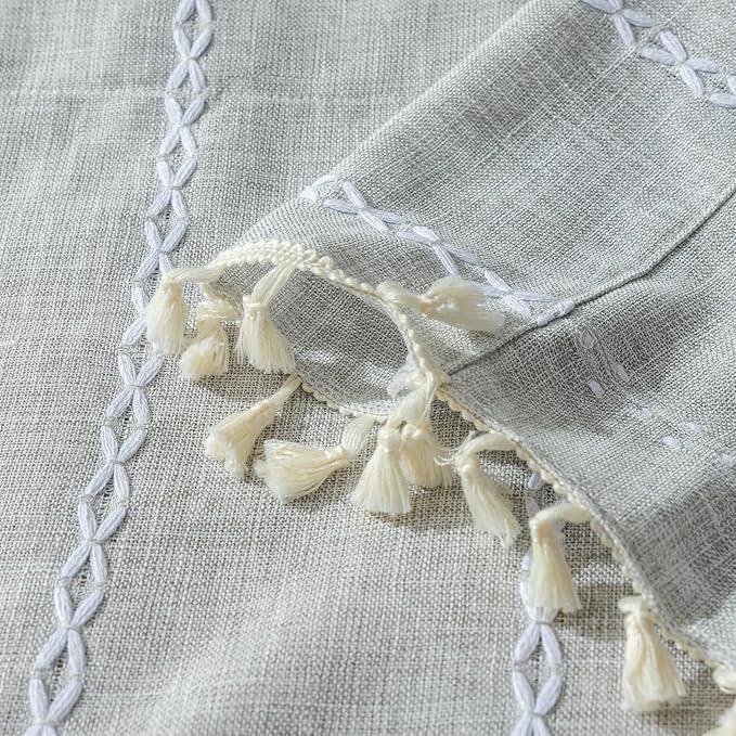 Sutuo Home Boho Curtains Valance for Cafe Windows, Bohemian Short Curtains Light Filtering Linen Country Vintage Tassels Window Treatment Embroidery Drape, Rod Pocket 1 Panel 52" W x 18" L, Light Grey