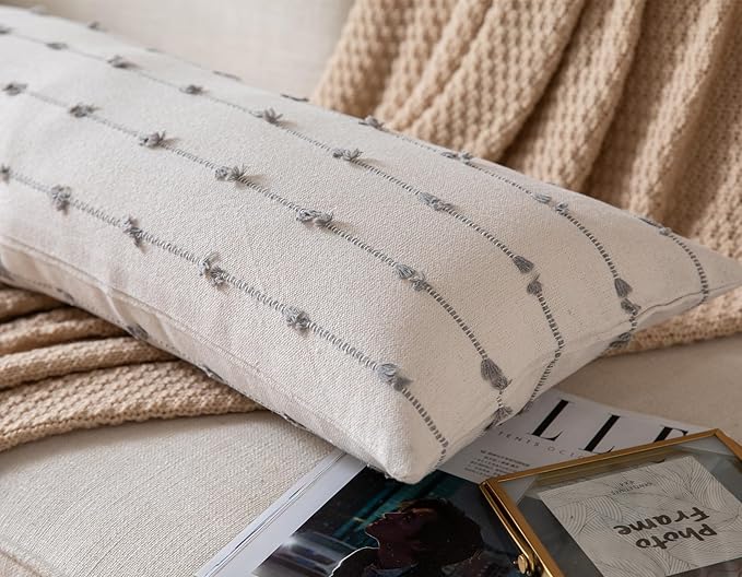 Caflife Boho Lumbar Throw Pillow Covers 14x36 inches Long, Farmhouse Decorative Body Lumbar Pillow for Bed and Sofa, Living Room Home Decor Couch Grey Lumbar Pillowcase, Pack of 1