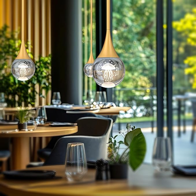 2-Pendant Lights Kitchen Island, Painted Gold Globe Crystal Ceiling Hanging Light Fxitures, LED Light Fixtures Metal Rod Ceiling Glass Pendant Lighting for Kitchen Island Dining Room Bar