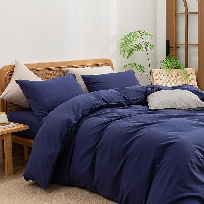 BESTOUCH Duvet Cover Set 100% Washed Cotton Linen Feel Super Soft Comfortable Chic Lightweight 3 PCs Home Bedding Set Solid Navy Blue Oversized Queen