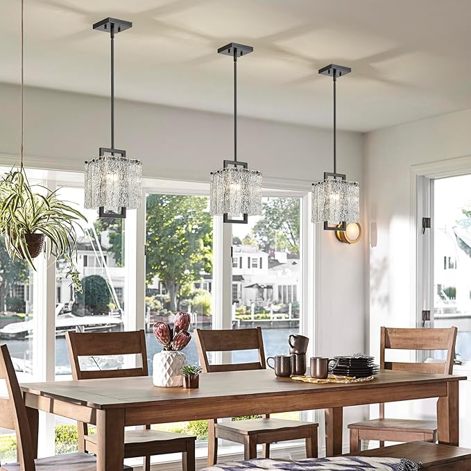 Shrine Lighting Black Chandeliers, Modern Glass Pendnat Light for Dining Room, D6.3''×H19.5'', Adjustable 50.8'', 1 x E12 Sockets, Glass LampShade & Black Finish Frame