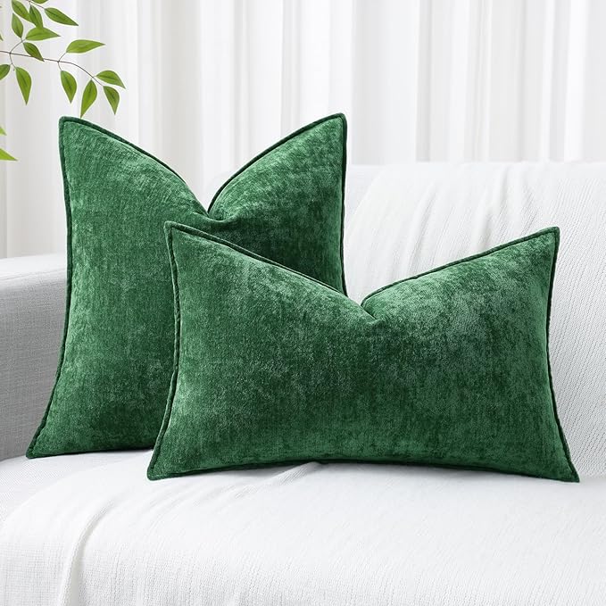 decorUhome Christmas Couch Throw Pillow Covers 18x18 Set of 2, Decorative Soft Euro Velvet Neutral Chenille Pillow Covers with Elegant Design for Sofa Bed Living Room Home Decor, Green
