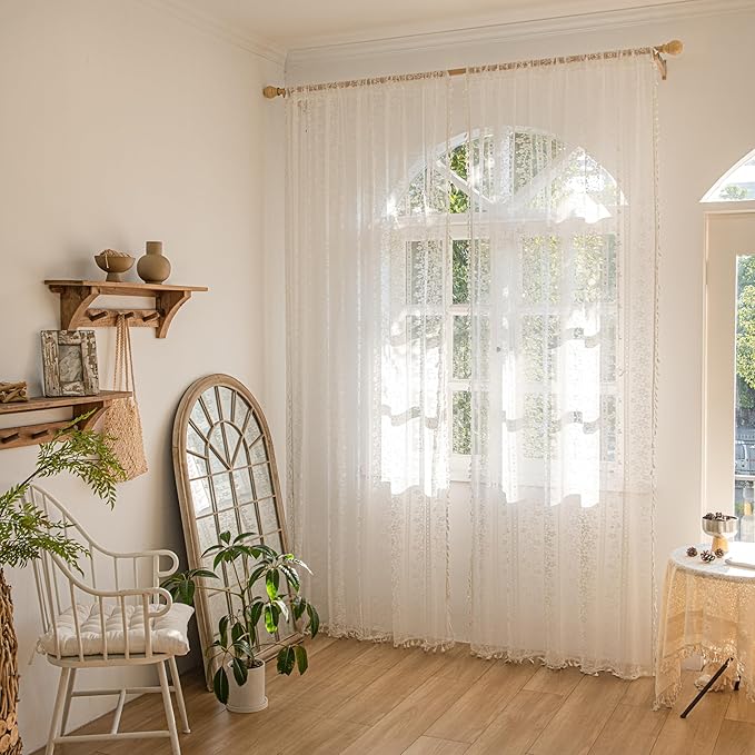Sutuo Home Boho Curtains 2 Panels 84 Inches Length for Bedroom, Window Treatments Bohemian Sheer Crochet Lace Vintage Drapes Pair, Country White Florals Knitted Handmade Tassels Rod Pocket, 52" x 84"