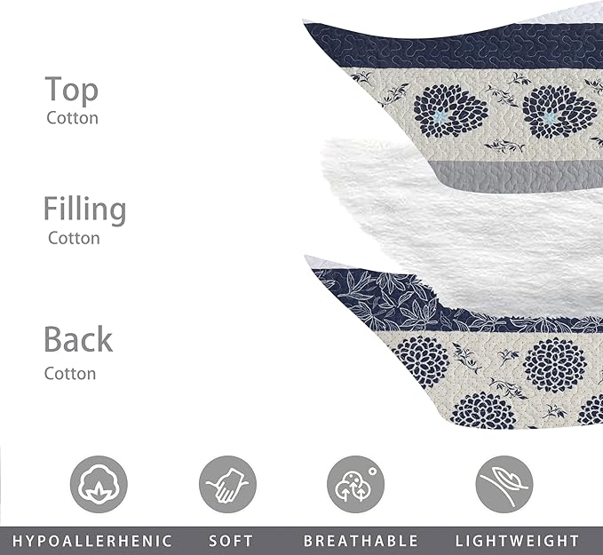 Homzard Quilt King Size-Comforter King Quilt Bedding Set,Navy Blue Beige Grey All Cotton Quilted Bedspread,Striped Floral Pattern Bedding Set,Lightweight Reversible 3 Piece,All Seasons