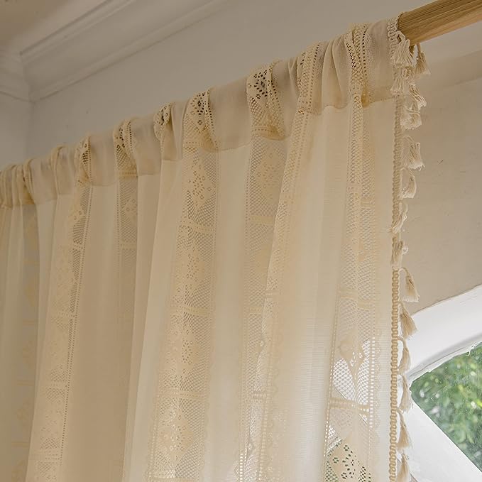 Sutuo Home Beige Boho Curtains 2 Panels Crochet Lace Patchwork Semi Sheer Bohemian Handmade Tassels, Rod Pocket Window Treatment Vintage Rustic Farmhouse Drapes for Living Bedroom, 52" W x 84" L