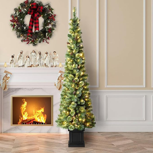 Glitzhome 7 FT Pre-Lit Artificial Christmas Tree, Lighted Entrance Tree Green Pine Christmas Porch Tree with 200 Warm White Lights,9 Functional Warm White/Multi-Color, Remote Controller