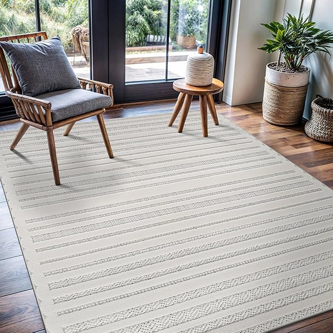 CAMILSON Modern Rug 9x12 Luxury Striped Line Large Micro Loop Area Rugs Soft High-Low Pile Stain Resistant Easy to Clean Non-Shedding Durable Living Room Office Indoor Carpet (White)