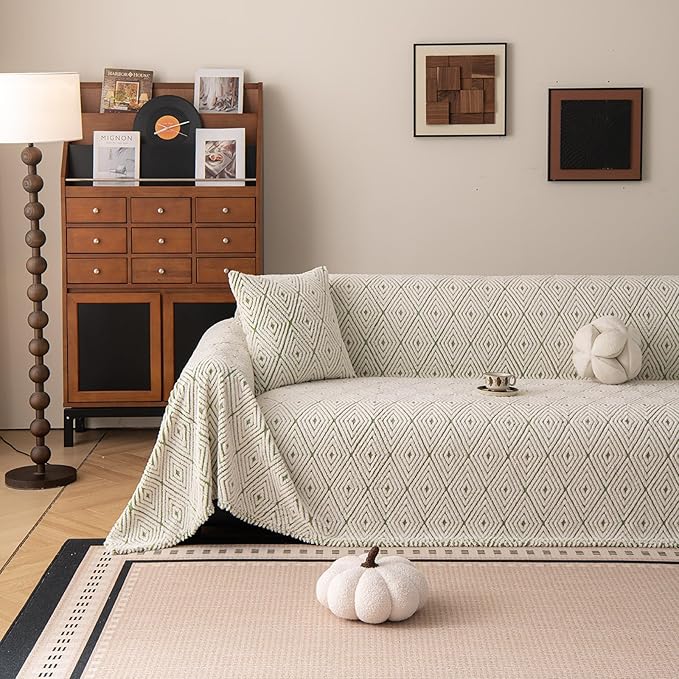ROOMLIFE Striped Boho Green Couch Cover for 2-3 Cushion Sofa, Fuzzy Plush Warm Sofa Slipcovers Sectional Sofas Covers, Non Slip Washable Furniture Protector Soft with Tassel,Winter 71''X134”