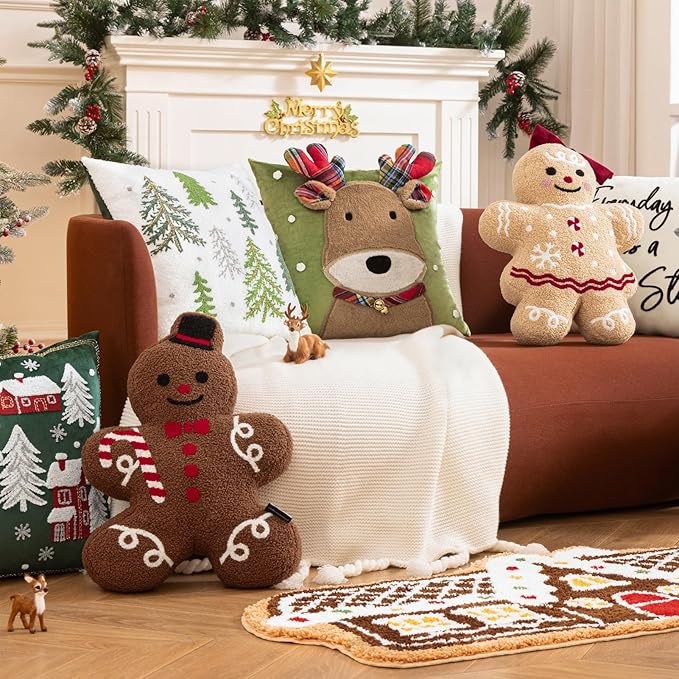 Phantoscope Gingerbread Series Merry Christmas Throw Pillow, Plush Teddy Sherpa Mr. Gingerbread Xmas Shaped Christmas Decorative Pillow with Hat & Cane for Couch Living, Bedroom, Coffee, 13x19 inches