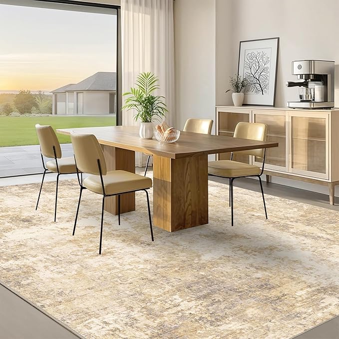 9x12 Modern Abstract Rug Washable Area Rugs for Living Room Bedroom Dining Room Non-Slip Low Pile Neutral Large Rug Soft Indoor Floor Carpet, Gold