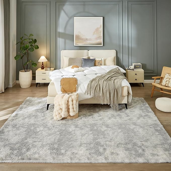 Floralux 8x10 Rugs for Living Room, Tie-Dye Light Grey, Soft Fluffy Shag Carpets for Bedroom, Shag Large Area Rugs for Bedroom
