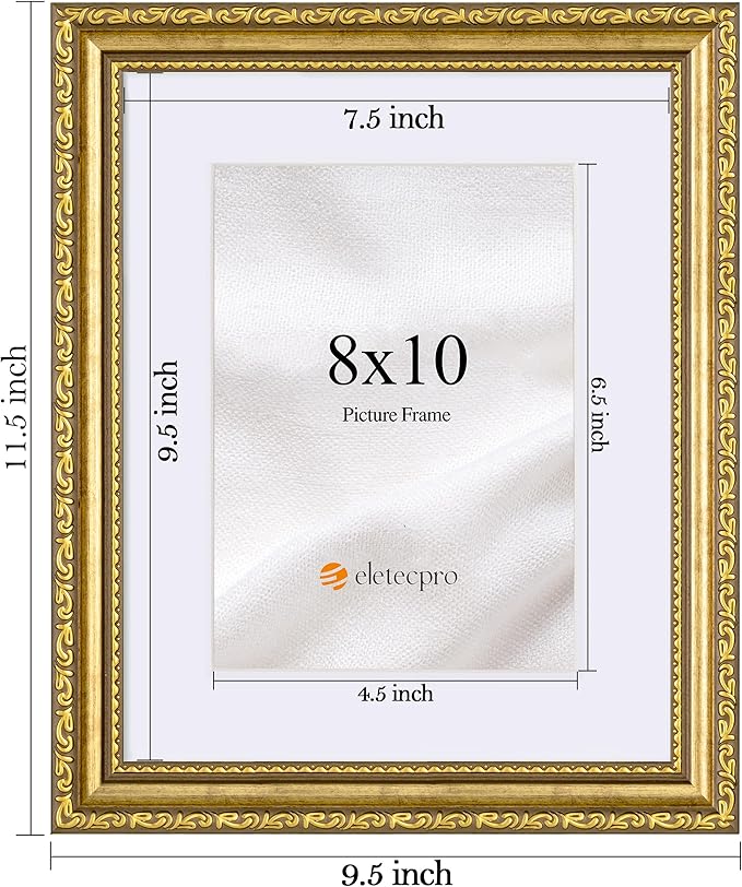 eletecpro 8x10 Picture Frames Set of 2, Vintage Photo Frames with Glass, 8 by 10 Gold Frame Displays 5x7 Photo with Mat or 8x10 without Mat for Tabletop or Wall Decor, Gold