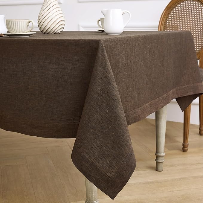 Solino Home Linen Tablecloth 54 x 72 Inch - 100% Pure Linen Chambray Brown Table Cloth for Rectangular Tables - Athena, Machine Washable Cloth Tablecloth for Fall, Autumn, Thanksgiving