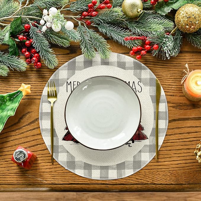 Artoid Mode Watercolor Grey Buffalo Plaid Christmas Trees Round Placemats Set of 4, 14 Inch Seasonal Winter Xmas Holiday Round Table Mats for Party Kitchen Dining Decoration