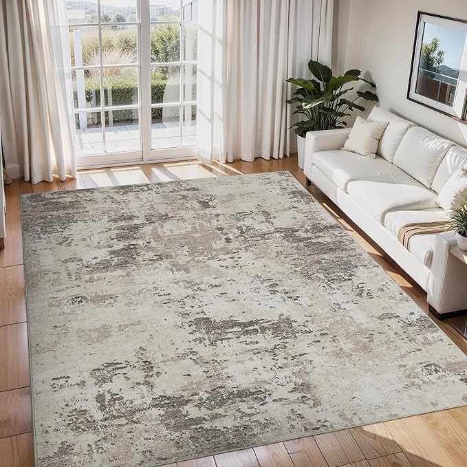 Modern Abstract Area Rug 9x12 Non Slip Non Shedding Rug Low Pile Stain Resistant for Bedroom Living Room,Brown Grey