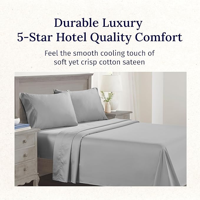 California Design Den Deep Pocket King Sheets Set - Luxury 600 Thread Count 100% Cotton Sateen, King Size Sheet Set with All Around Elastic for a Snug Fit, Hotel Quality Bedding - Light Grey