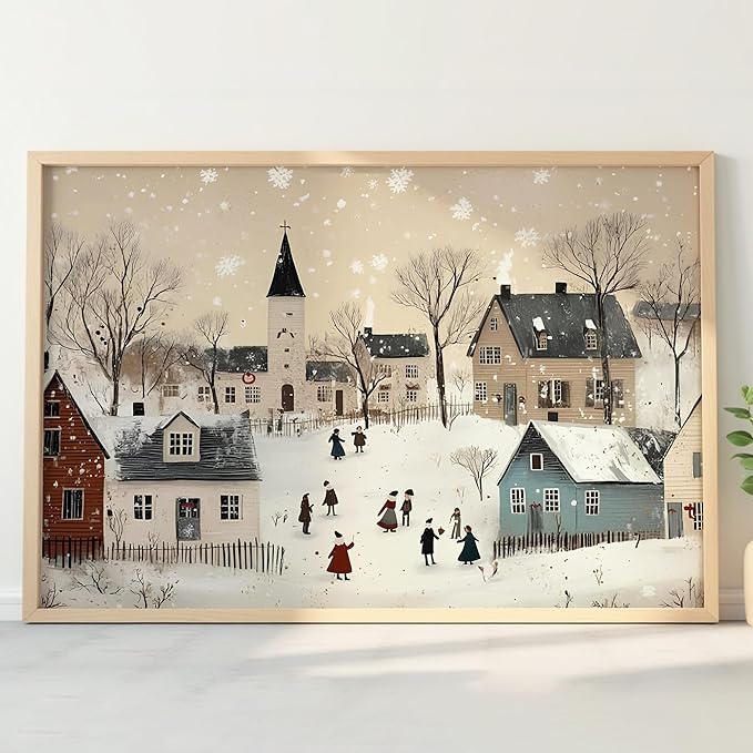 OZCONO Neutral Winter Holiday Wall Art for Cozy Home Decor, Retro Christmas Town Scene Artwork, Beige Seasonal Village Print for Farmhouse Style, Snowy December Illustration (Unframed) (16x24)