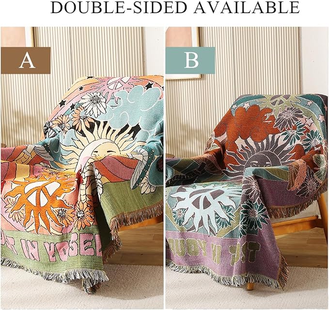 Double-Sided Cotton Woven Throw Blanket with Tassel Jungle Bohemian Style Tapestry Shawl Multi-Function Decorative Throws for Sofa Bed Armchair Camping Blanket Tablecloth Carpet 160x130cm