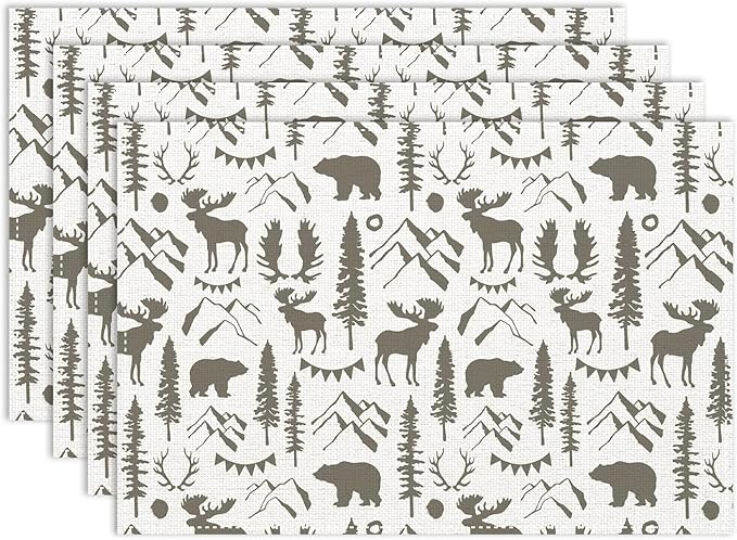 Retro Bear Placemat Set of 6, 12x18 Inch Vintage Grey Wildlife Aniamal Forest Tree Cabin Country Lodge Farmhosue Coffee Table Mats for Outdoor Kitchen Dining Table Decoration