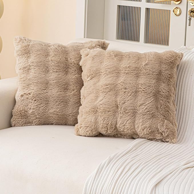 Faux Fur Throw Pillow Covers(Pack of Two, Khaki) 22×22 Inch Decorative Pillows Cover Neutral Soft Chenille Couch Pillows with Zipper Aesthetic for Living Room and Bedroom
