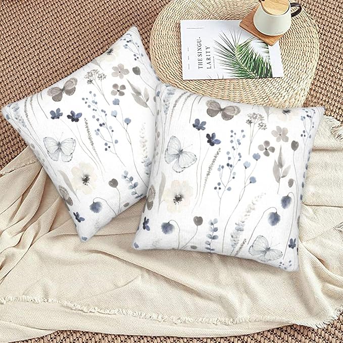 Floral Spring Pillow Covers 18x18 Inch Set of 2 Gray Blue Watercolor Herbs Throw Pillow Cover Floral Butterfly Square Pillowcase Cushion Cases for Home Couch Bed Sofa