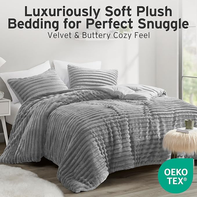 Intelligent Design King Comforter Set, Cozy Plush Bedding, Microfiber Reverse, 3 Piece, Lightweight, Super Soft Ribbed Velvet Comforter 2 Shams, All Season Fluffy Bed Set, Avril, King/Cal King Grey