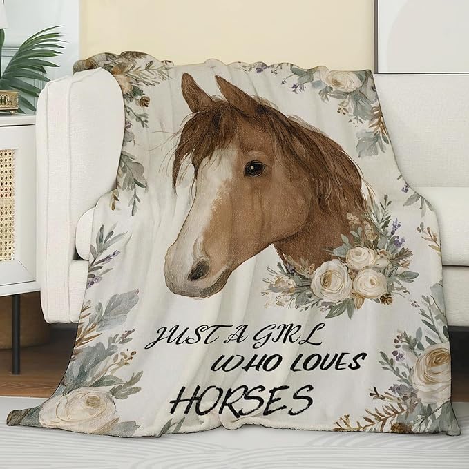 Vintage Horse Floral Blanket,Rustic Gifts for Girls Women,Soft Lightweight Throw Blankets,Retro Farm Animal and Elegant Flower Throws Home Decor,for Camping Living Room Office,60x50inch