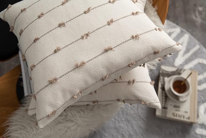 Caflife Boho Throw Pillow Covers 20x20 inches Beige and Natural Linen, Set of 2 Modern Farmhouse Decorative Pillow Covers for Couch Bed, Living Room