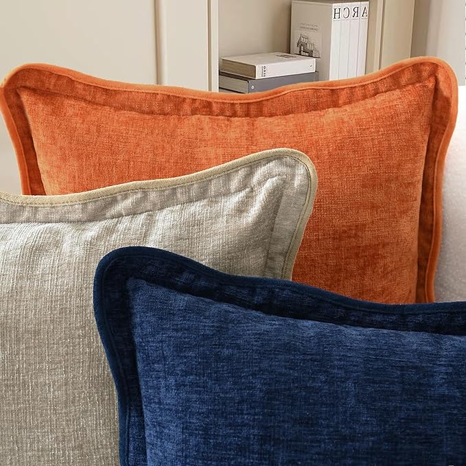 CaliTime Throw Pillow Covers Decorative 18 X 18 Inches Pack of 2 Cozy Chenille Scalloped Wavy Edge Cushion Cases for Couch Sofa Bed Living Room Farmhouse Light Taupe
