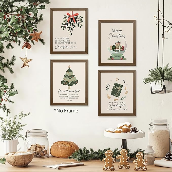 AEHIE Christian Christmas Wall Art Poster Prints for Home Bedroom Living Room,Bible Verse Winter Xmas Poster Prints, Boho Winter Xmas Tree Holiday Christian Bible Wall Art Unframed 4pcs 8x10inch