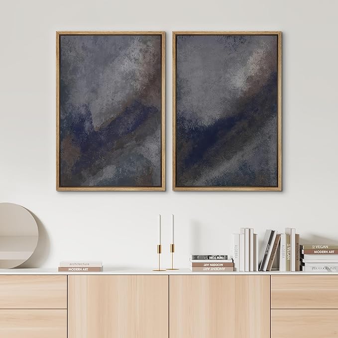 SIGNWIN Framed Canvas Print Wall Art Set Midnight Slate Abstract Blue and Gray Brushstroke Zen Bohemian for Living Room, Bedroom, Office - 24"x36"x2 NATURAL