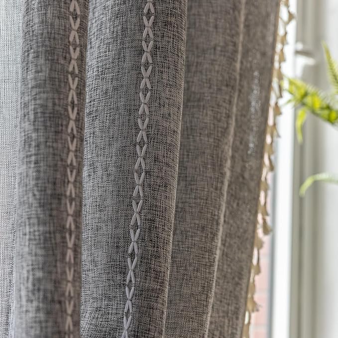 Sutuo Home Boho Curtains for Bedroom Living Room, Semi Blackout Privacy Linen Farmhouse Vintage Tassels Window Treatment Bohemian Embroidery Drape, Rod Pocket 1 Panel 52" W x 90" L, Black Grey