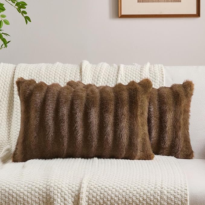 FUTEI Brown Decorative Throw Pillow Covers 12x20 Inch Set of 2,Soft Fluffy Faux Rabbit Fur Dyeing Striped Textured Lumbar Pillow Case,Modern Home Decor for Couch Bed Living Room