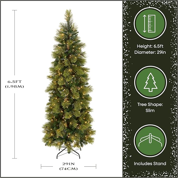 National Tree Company 6.5 ft Pre-Lit Carolina Pine Slim Artificial Christmas Tree, 350 Clear Lights, 516 Tips, Includes Stand, Green