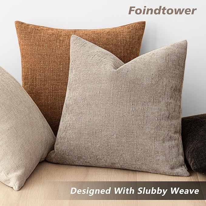 Foindtower Set of 2 Soft Textured Chenille Throw Decorative Pillow Covers Square Accent Solid Cushion Cover Cozy Neutral Farmhouse Pillow Case for Couch Sofa Bedroom Living Room 16x16 Inch,Light Taupe