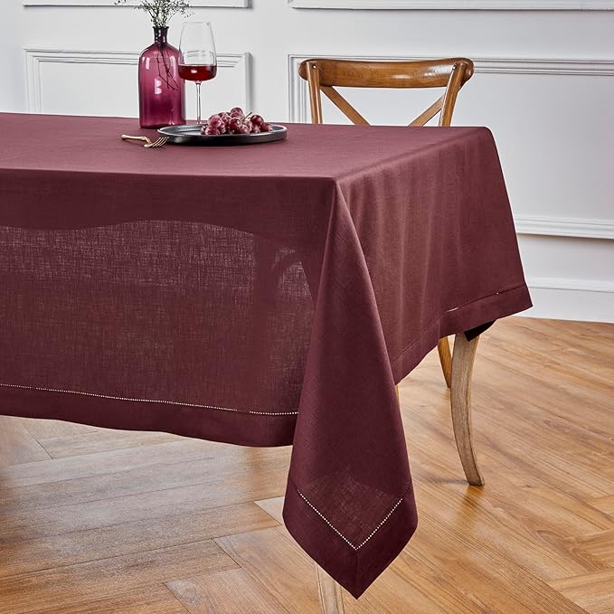 Solino Home Linen Burgundy Tablecloth 60 x 156 Inch - Classic Hemstitch, 100% Pure Linen Rectangular Tablecloth - Machine Washable Table Cloth for Christmas, Fall, Autumn, Thanksgiving