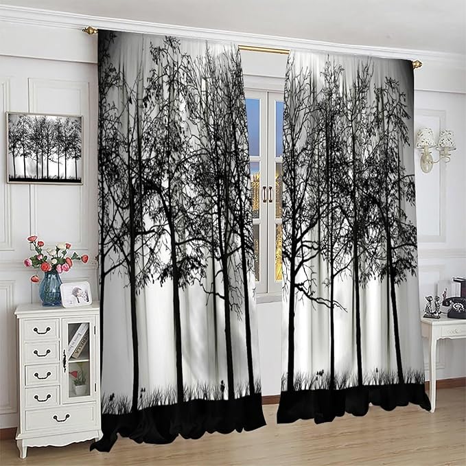 Gothic Forest Blackout Curtains, Black Tree Moon Spooky Foggy Mysterious Retro Window Drapes, for Living Room Bedroom 36(W)*63(L) 2 Panels