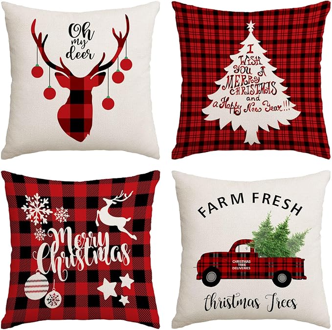 Neatee Living Christmas Pillow Covers 12x12 Set of 4 Red Xmas Vintage Throw Pillows Christmas Tree Deer Snowman Pillow Cases Outdoor Sofa Couch Cushion Covers for Home Decorations (12 by 12)