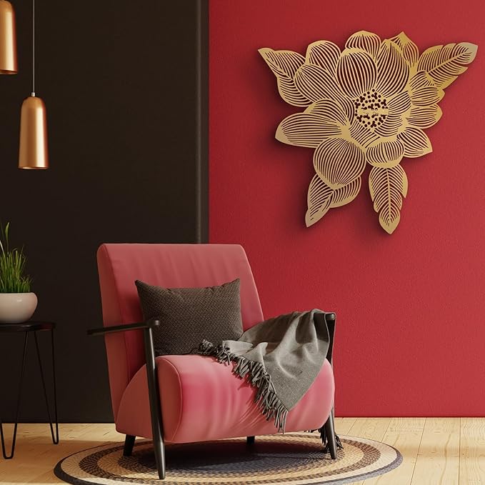 NEODECO 3D Flower Metal Wall Art, Floral Line Art, Minimalist home decor (Gold, Medium)