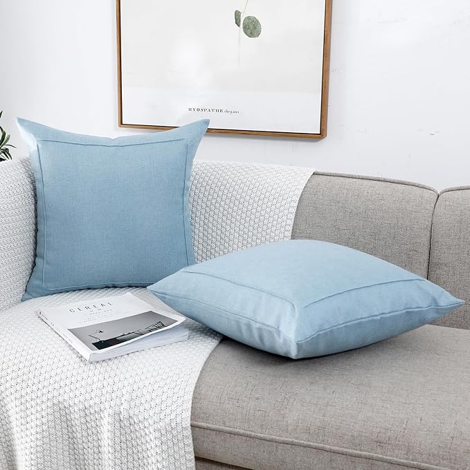 Jepeak 22x22 Inch Burlap Linen Throw Pillow Covers, Pack of 2 Decorative Farmhouse Rustic Neutral Pillow Covers Square Durable Cushion Cover for Sofa Couch Bed Home Decor, Baby Blue