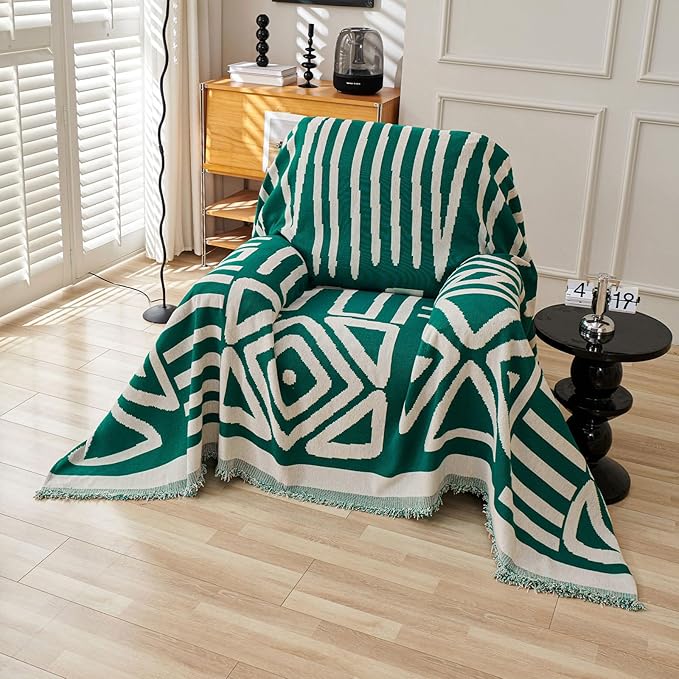 VClife Armchair Couch Cover, 1 Piece Boho Tribal Dark Green and White Geometric Jacquard Sofa Cover for 1 Cushion Couch Sofa, Soft Washable Chenille Chair Cover Slipcover for Living Room 71"X90"